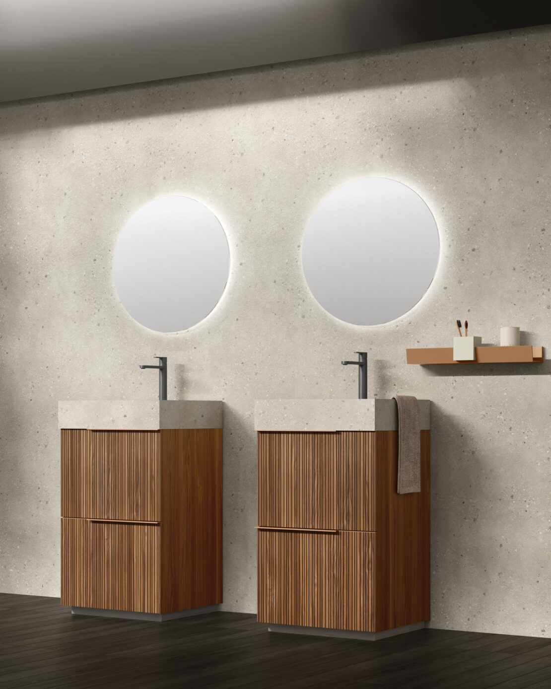 doppio mobile bagno con lavabo in noce e Cotto opaco, grafica Casual a linee nere