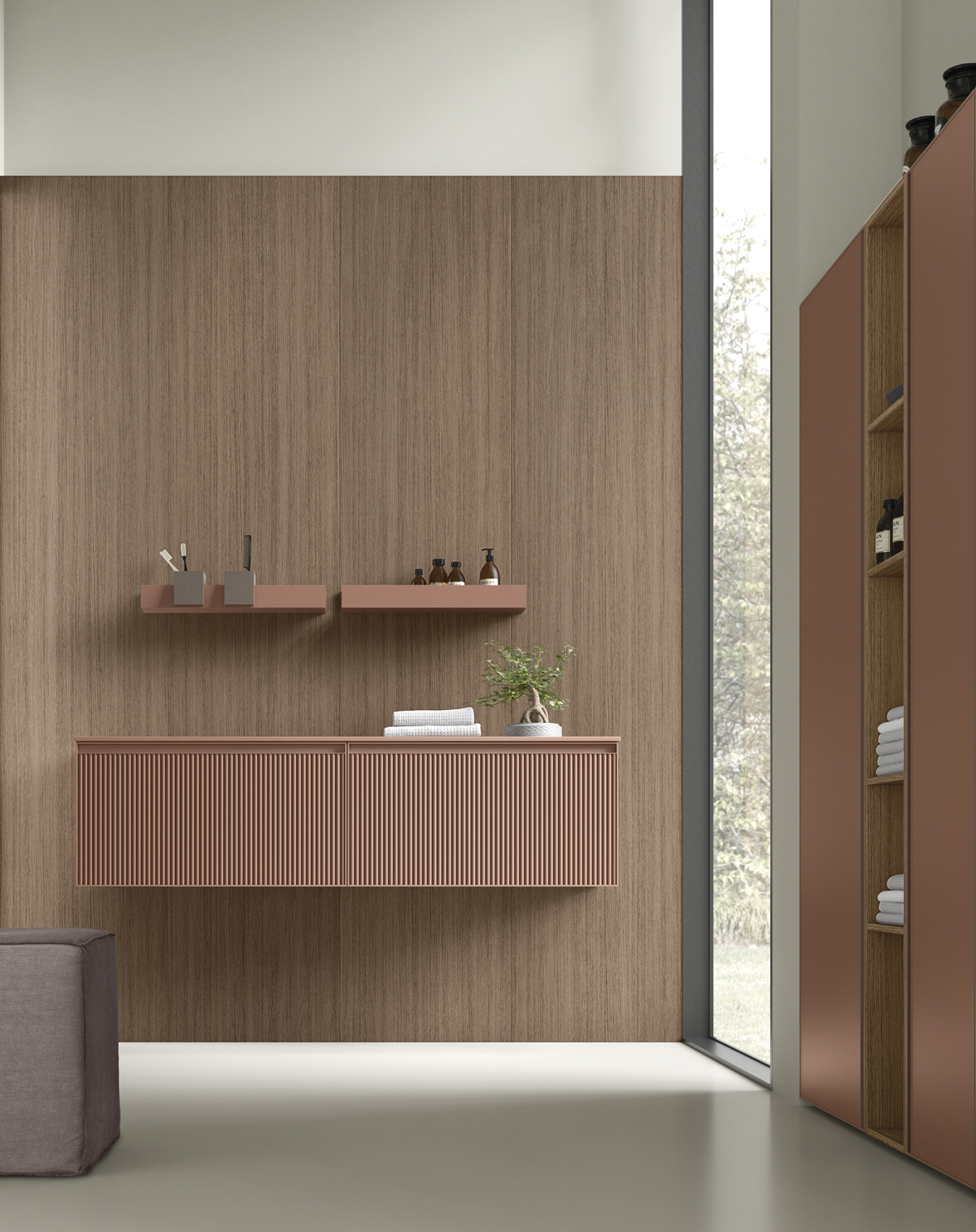 Boiserie in bagno: parete effetto legno in una composizione moderna Arcom