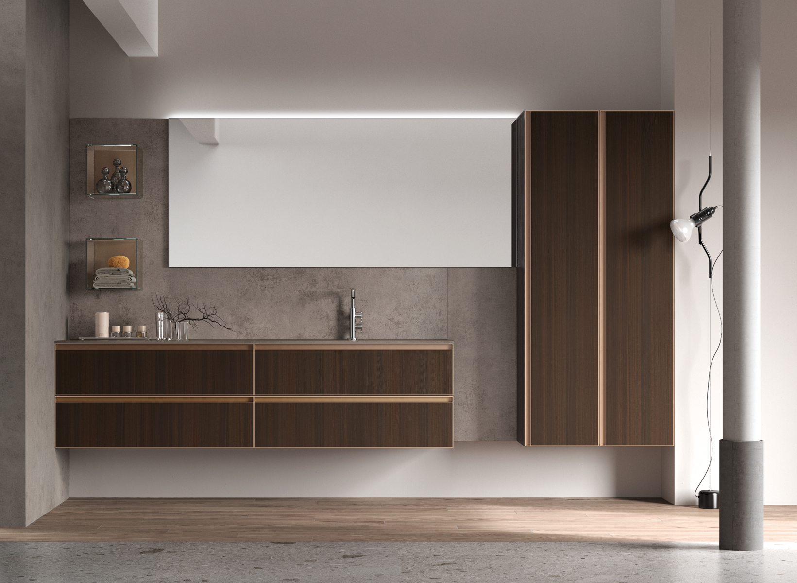 bagno con boiserie effetto pietra e arredo in legno scuro