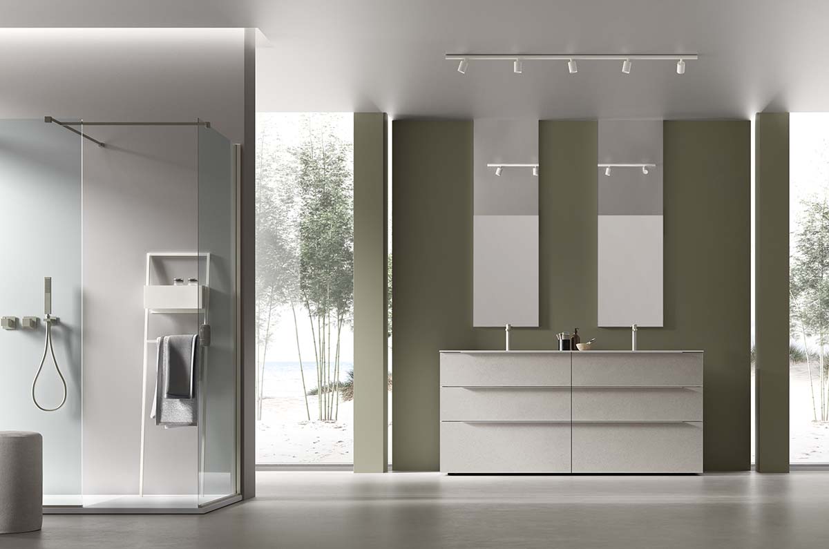arredo bagno Rail con due postazioni lavabo e zona doccia con dressholder in metallo