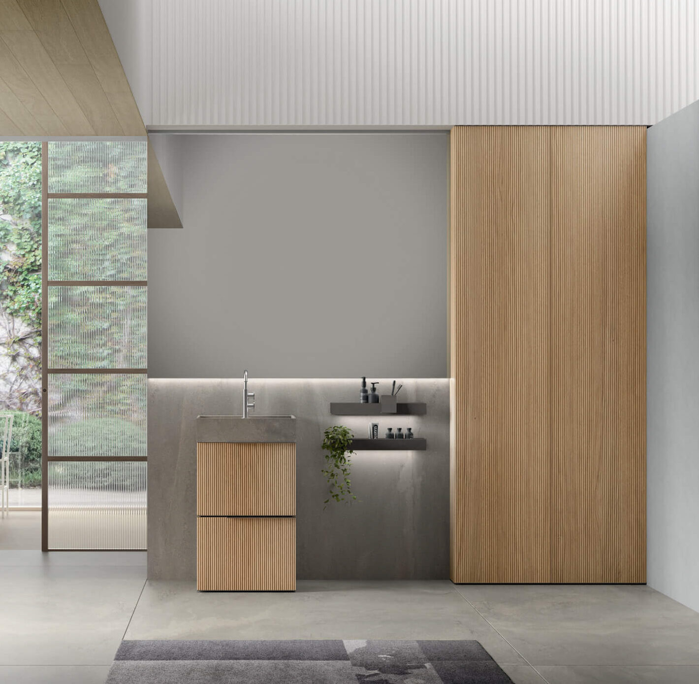 boiserie effetto pietra scura con accessori mensole in metallo scuro ed effetto paraschizzi