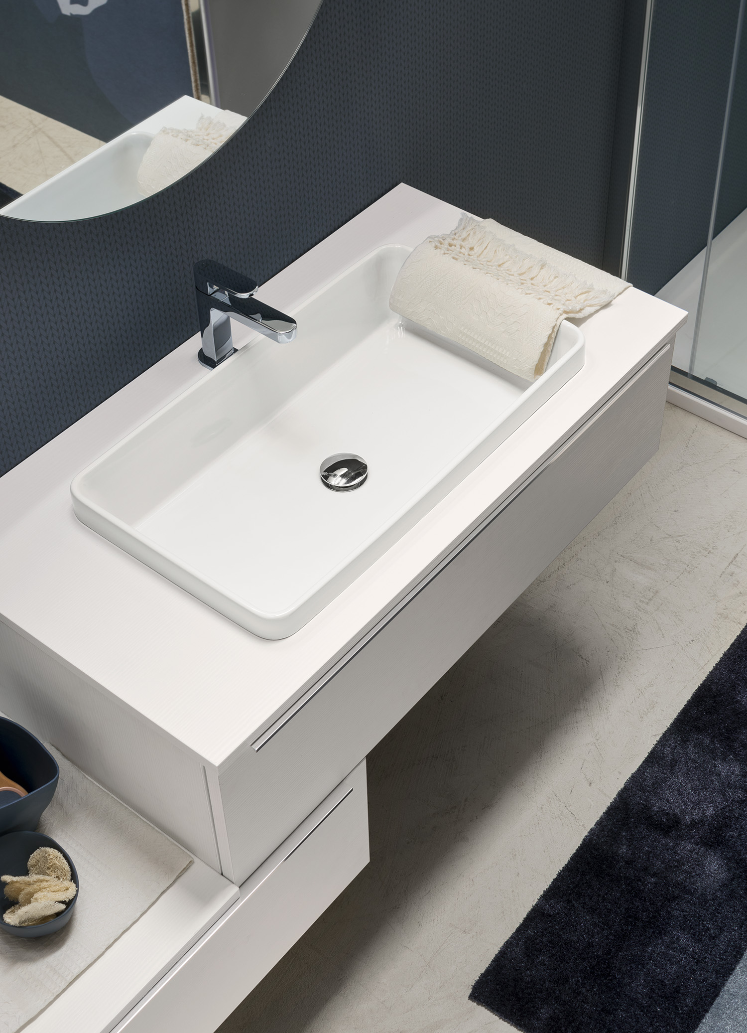 lavabo per il bagno bianco in ceramica a incasso soprapiano in marmo bianco