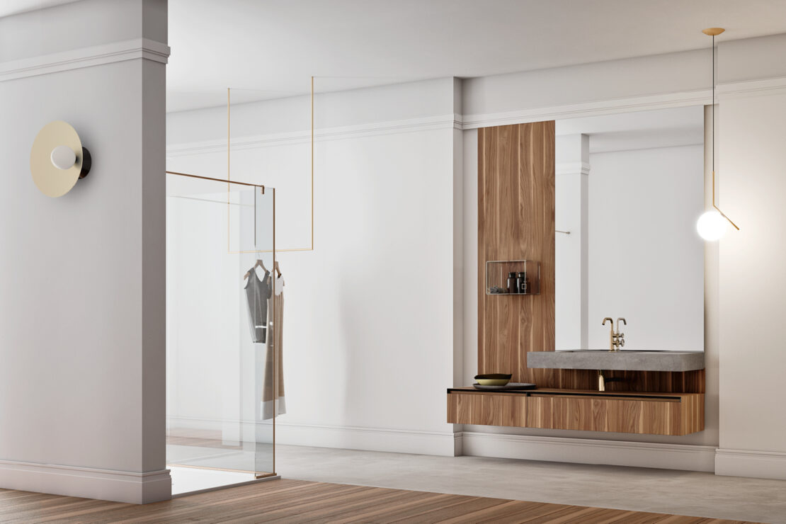 bagno elegante con rivestimenti pregiati e legno bagno elegante