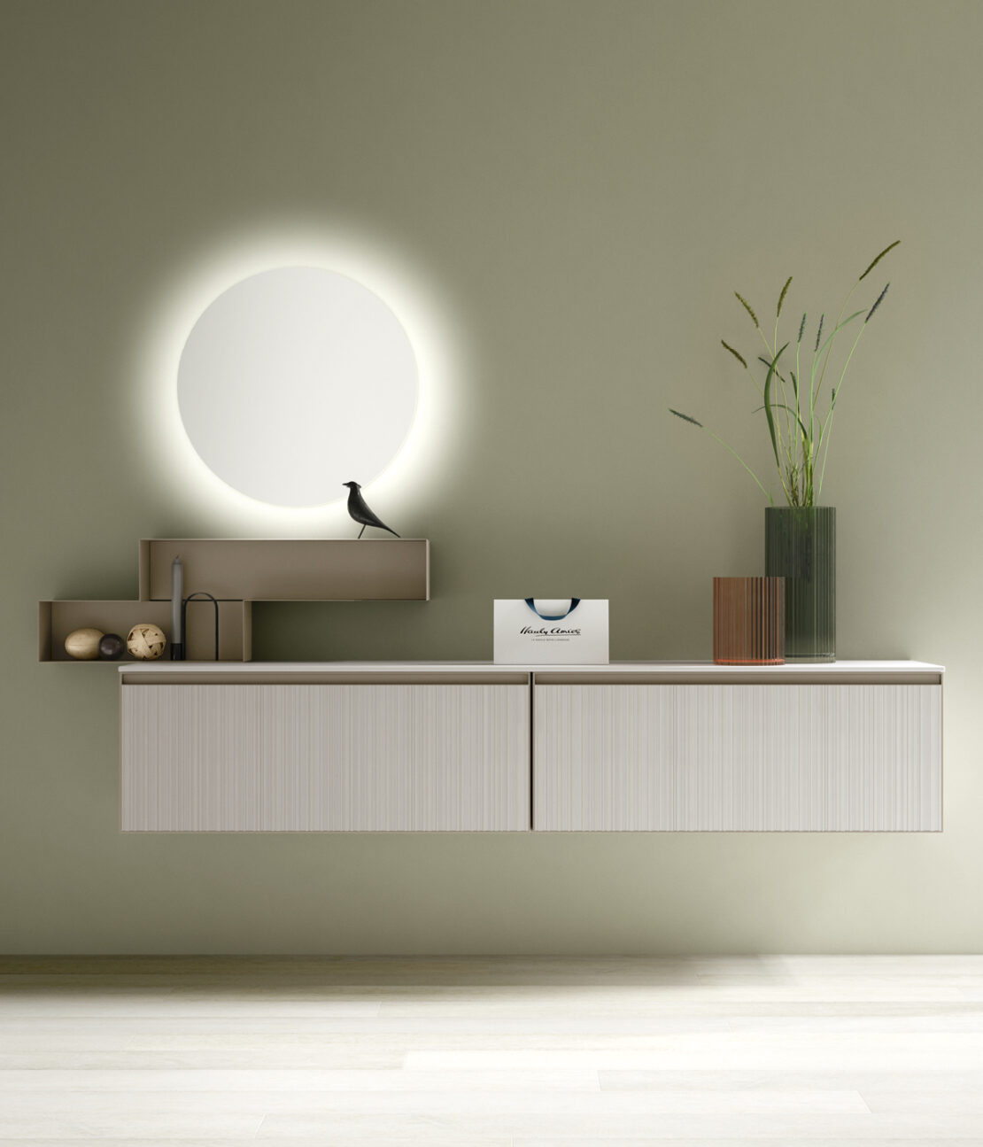 Idee antibagno con mobile sospeso grigio chiaro e specchio retroilluminato rotondo