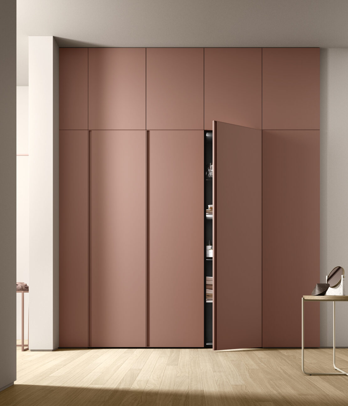 Idee per arredare antibagno con mobile a colonne rosa