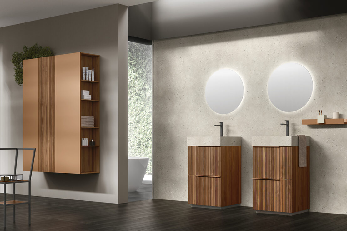 Idee per arredare l’antibagno con mobile lavabo e colonne laccato opaco e legno lavorato