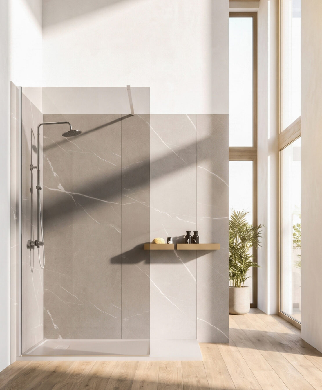 pianta da bagno kenzia tipo palma posizionata davanti a finestra vetrata bagno.