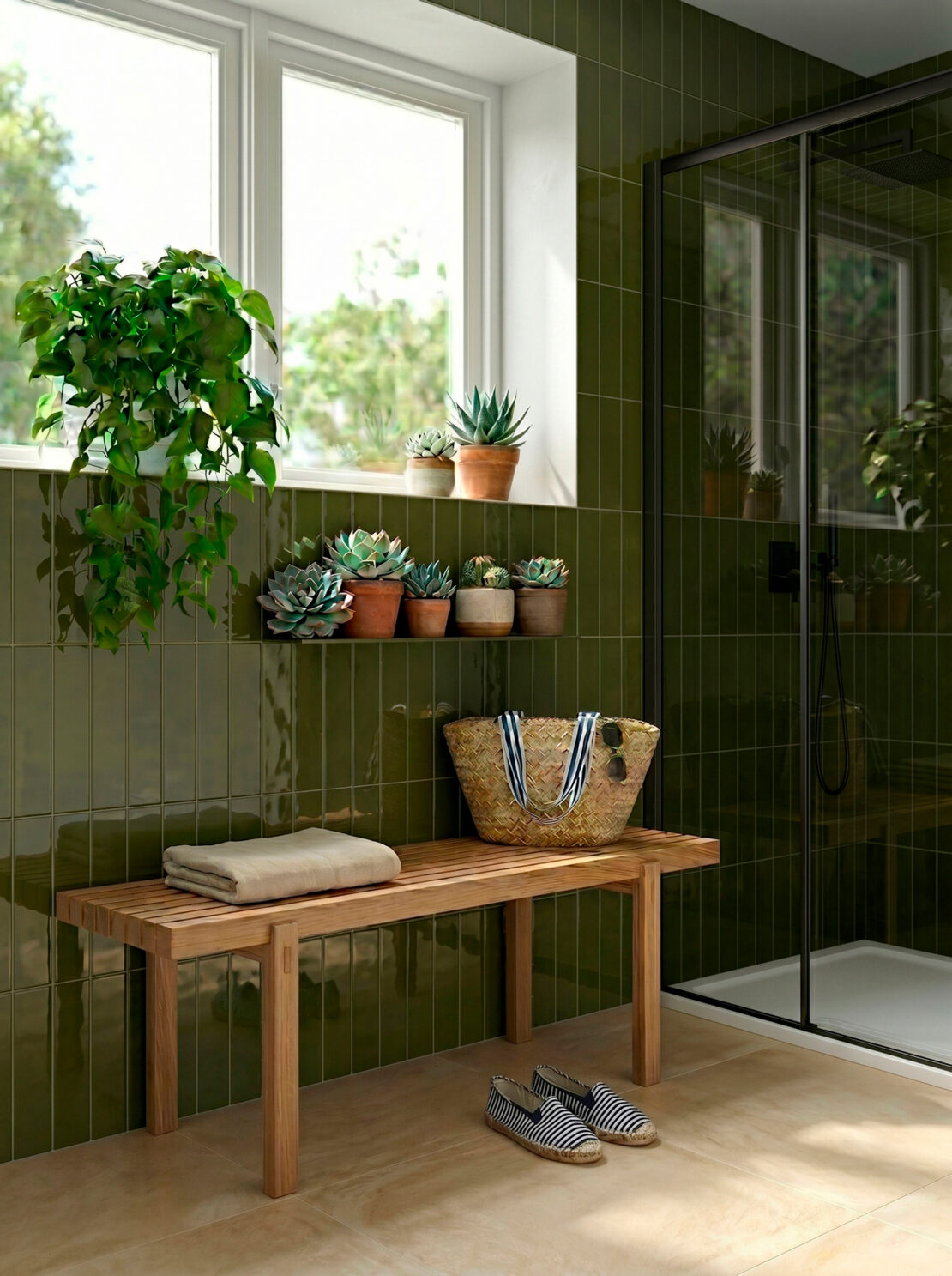 Pianta da bagno tropicale e pendente Pothos sopra panchetta