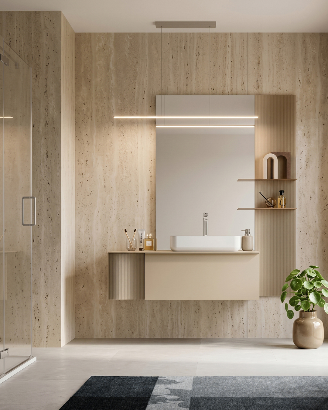 piante da bagno pilea in vaso dentro bagno moderno dai toni beige